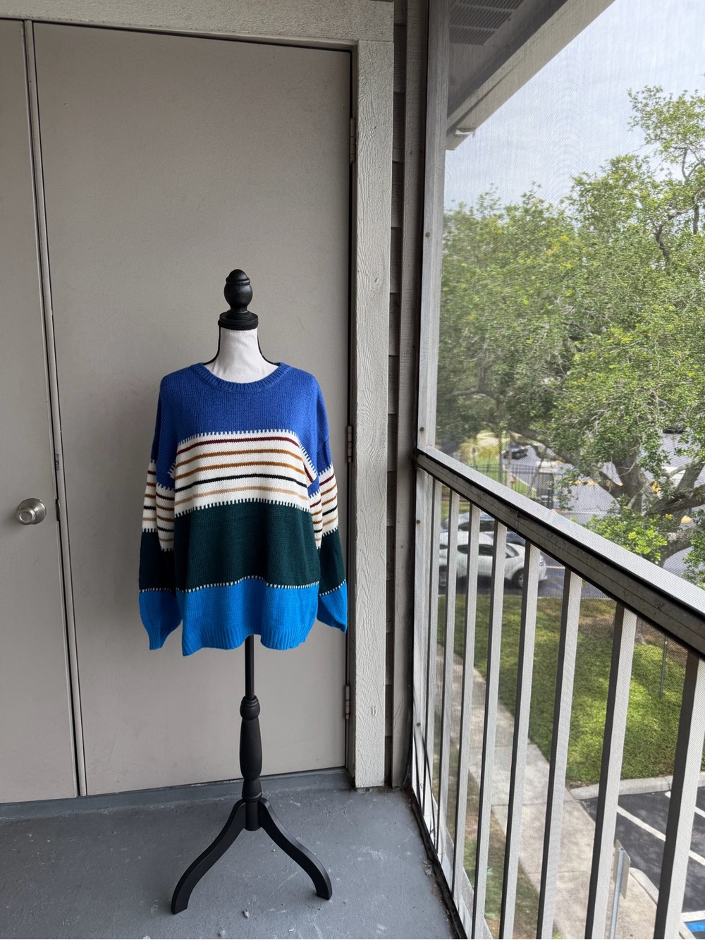 Miss Sparkling Striped Knit Sweater in Royal Blue, Teal & Cream